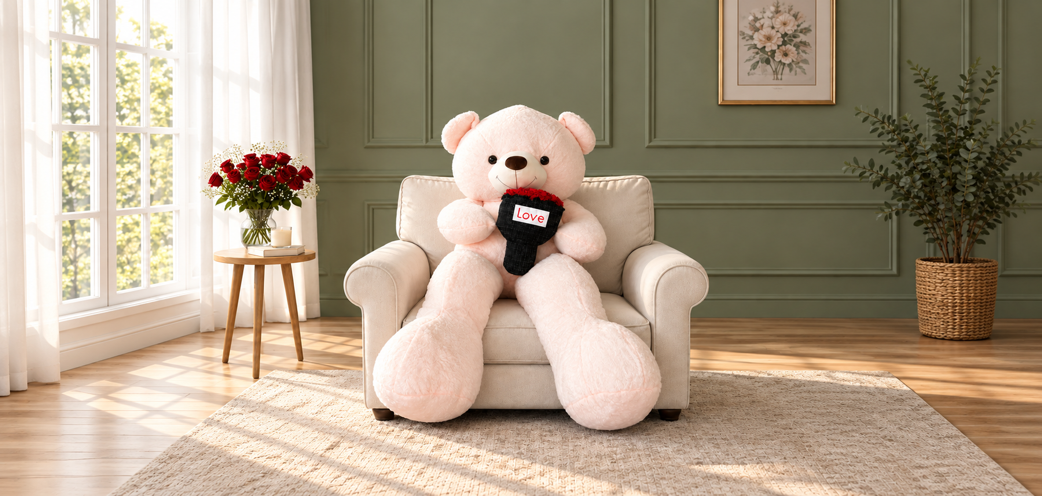 Peluche Amorea con ramo de rosas y letrero "Love", sentado en un sillón