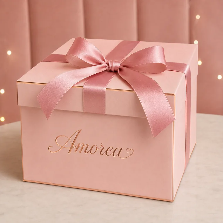 Caja de regalo rosa de Amorea con lazo de satén