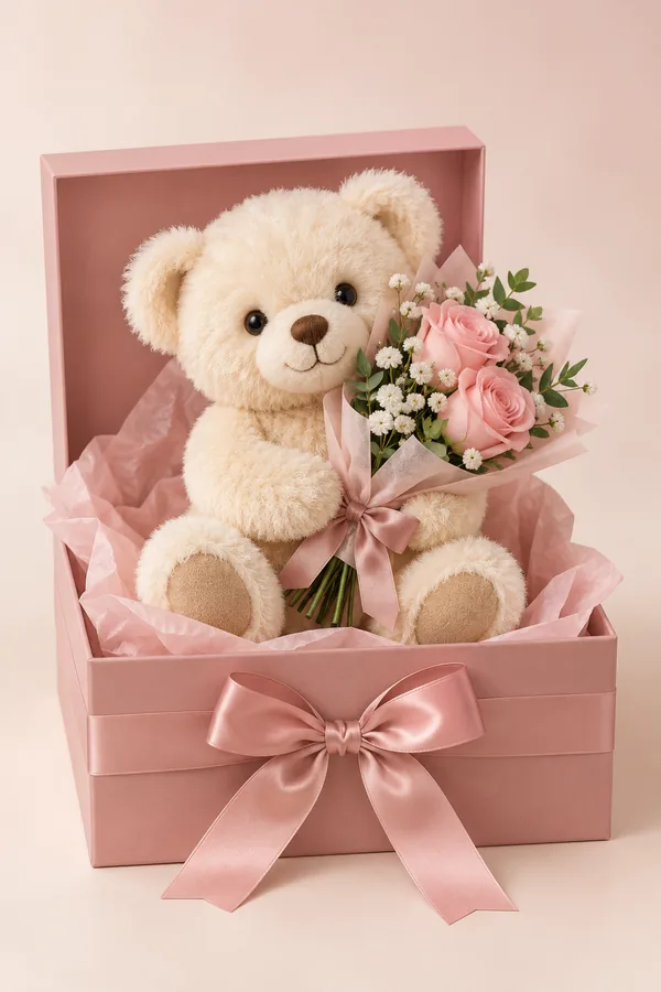 Osito de peluche beige con un ramo de rosas rosadas dentro de una caja de regalo rosa