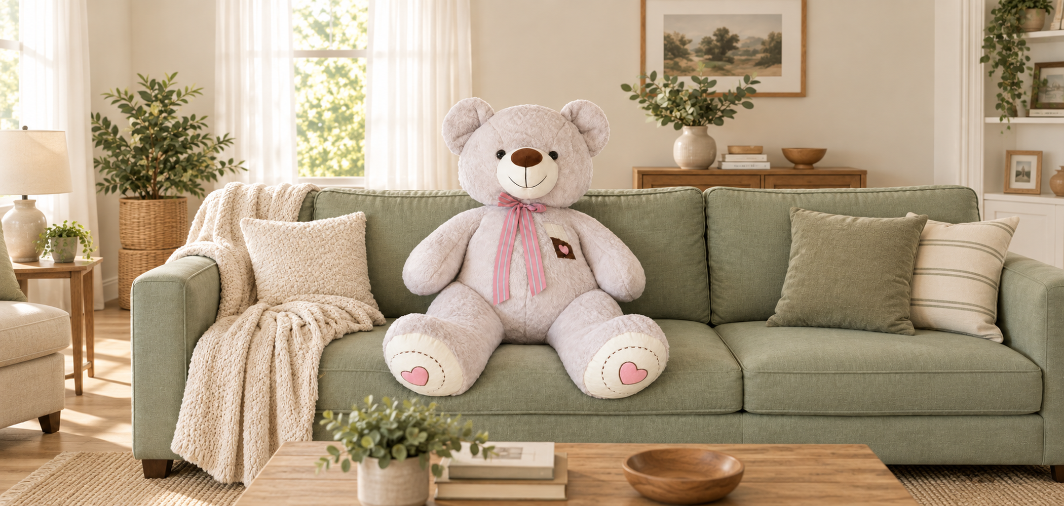 Peluche Amorea con lazo y detalle de corazón, sentado en un sillón