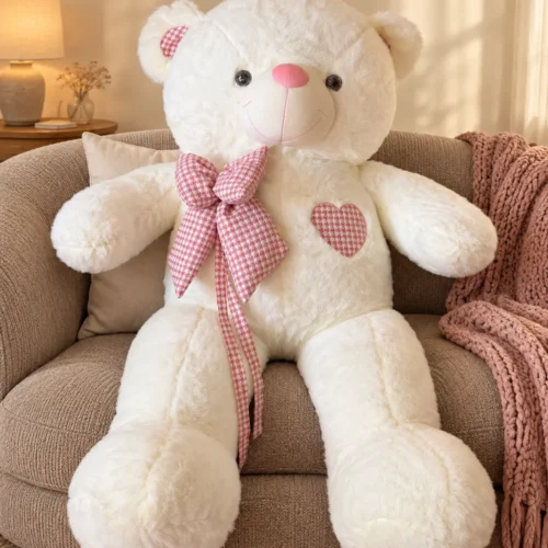 Oso corbata rosa a cuadros corazón bordado