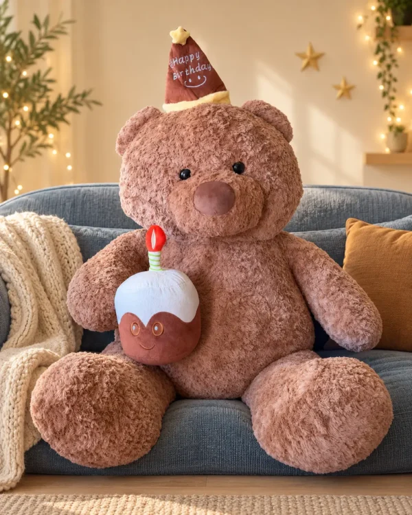 Oso cumpleañero con pastel y vela de cumpleaños