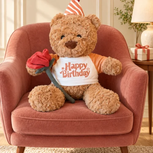 Oso cumpleañero con rosa y gorrito