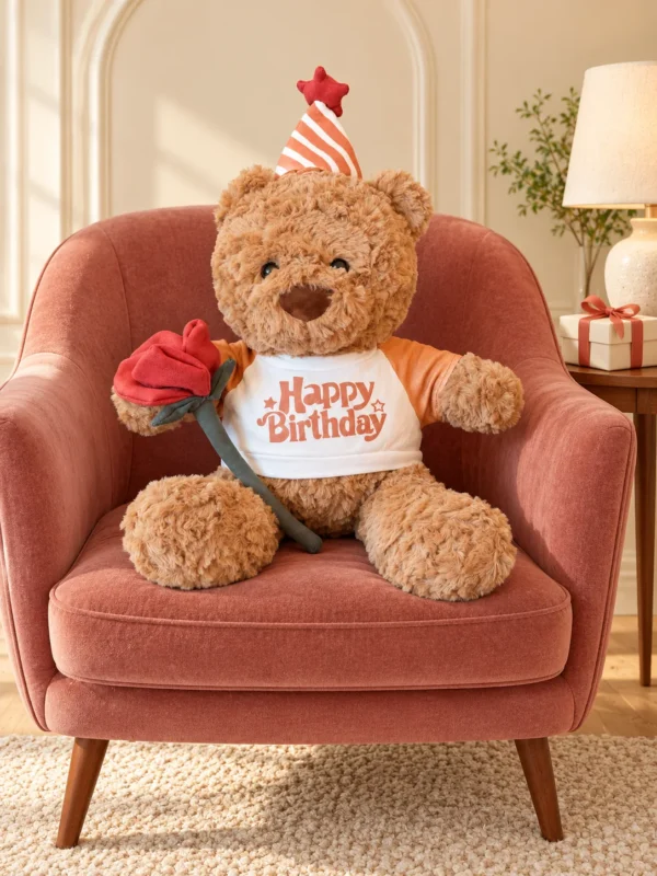 Oso cumpleañero con rosa y gorrito