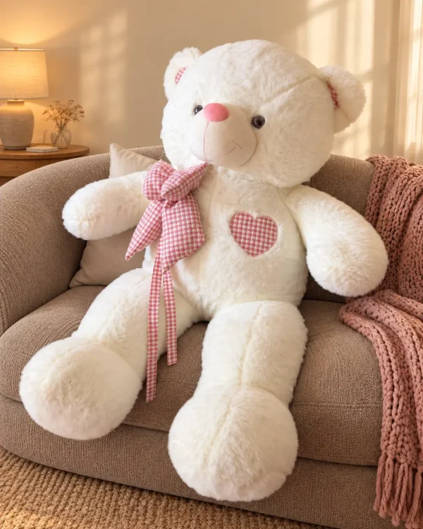 Oso corbata rosa a cuadros corazón bordado