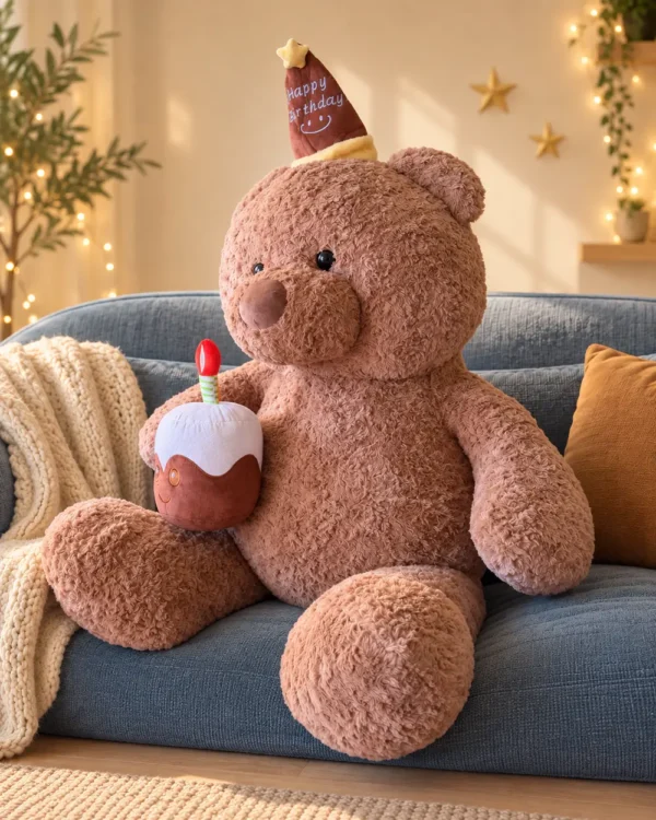Oso cumpleañero con pastel y vela de cumpleaños