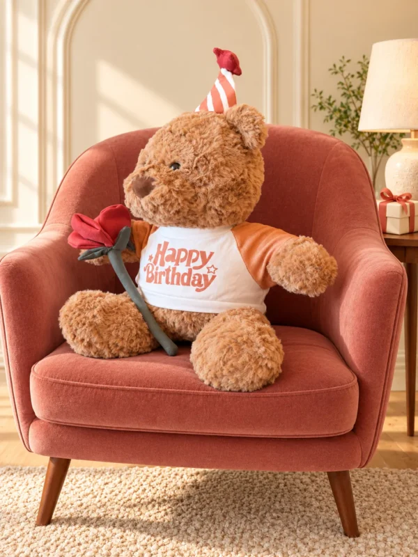 Oso cumpleañero con rosa y gorrito