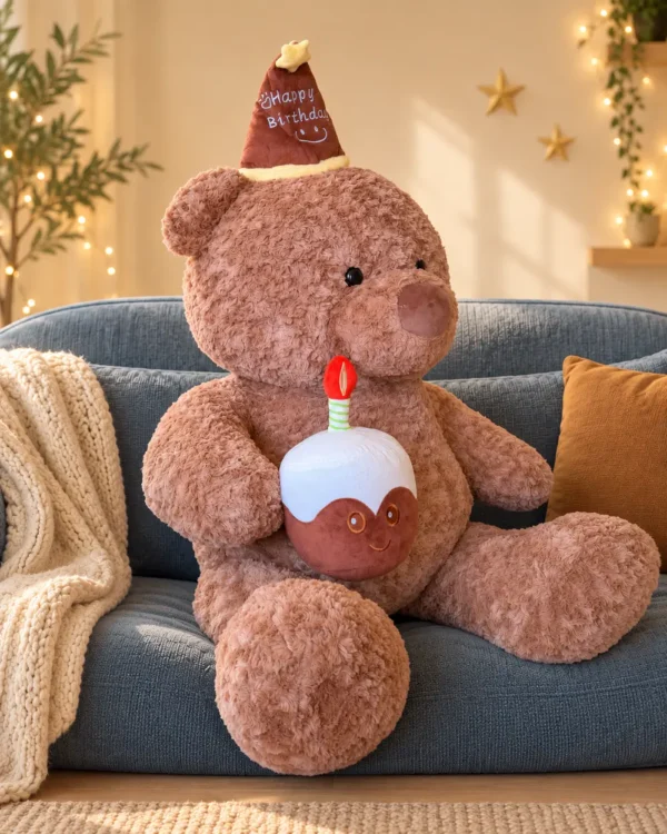 Oso cumpleañero con pastel y vela de cumpleaños