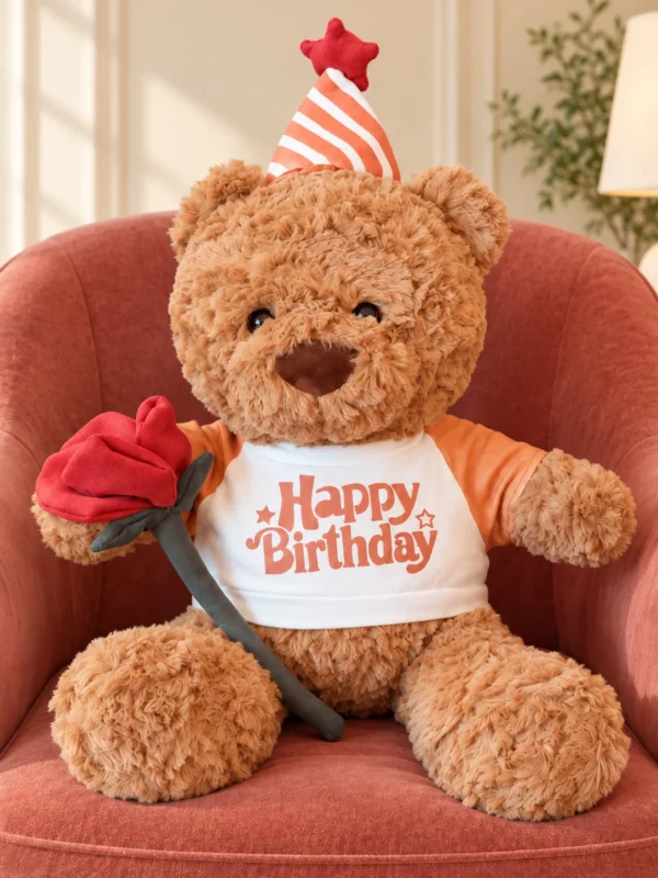 Oso cumpleañero con rosa y gorrito
