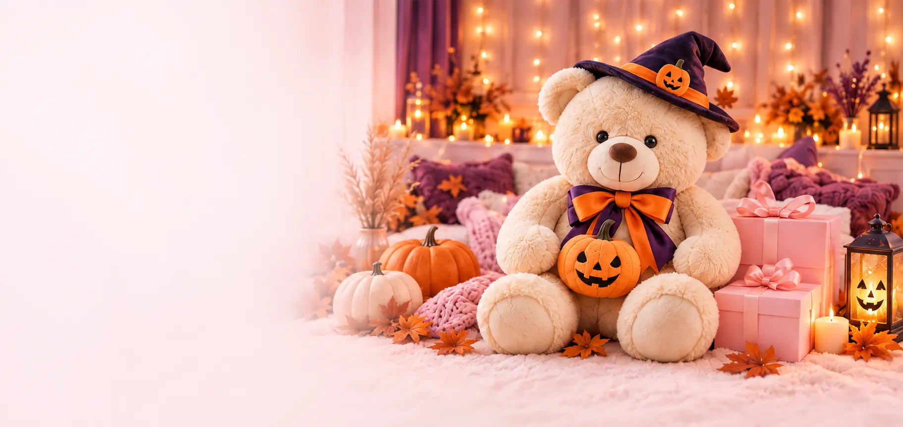 Oso de peluche Amorea con sombrero de bruja, calabazas y cajas de regalo