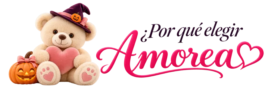 ¿Por qué elegir Amorea? Oso de peluche con sombrero de bruja abrazando un corazón